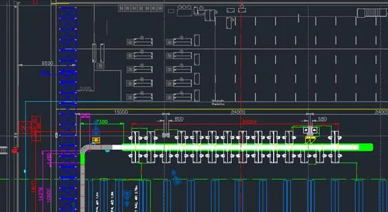 Desenho de layout de uma linha de transportadores em CAD