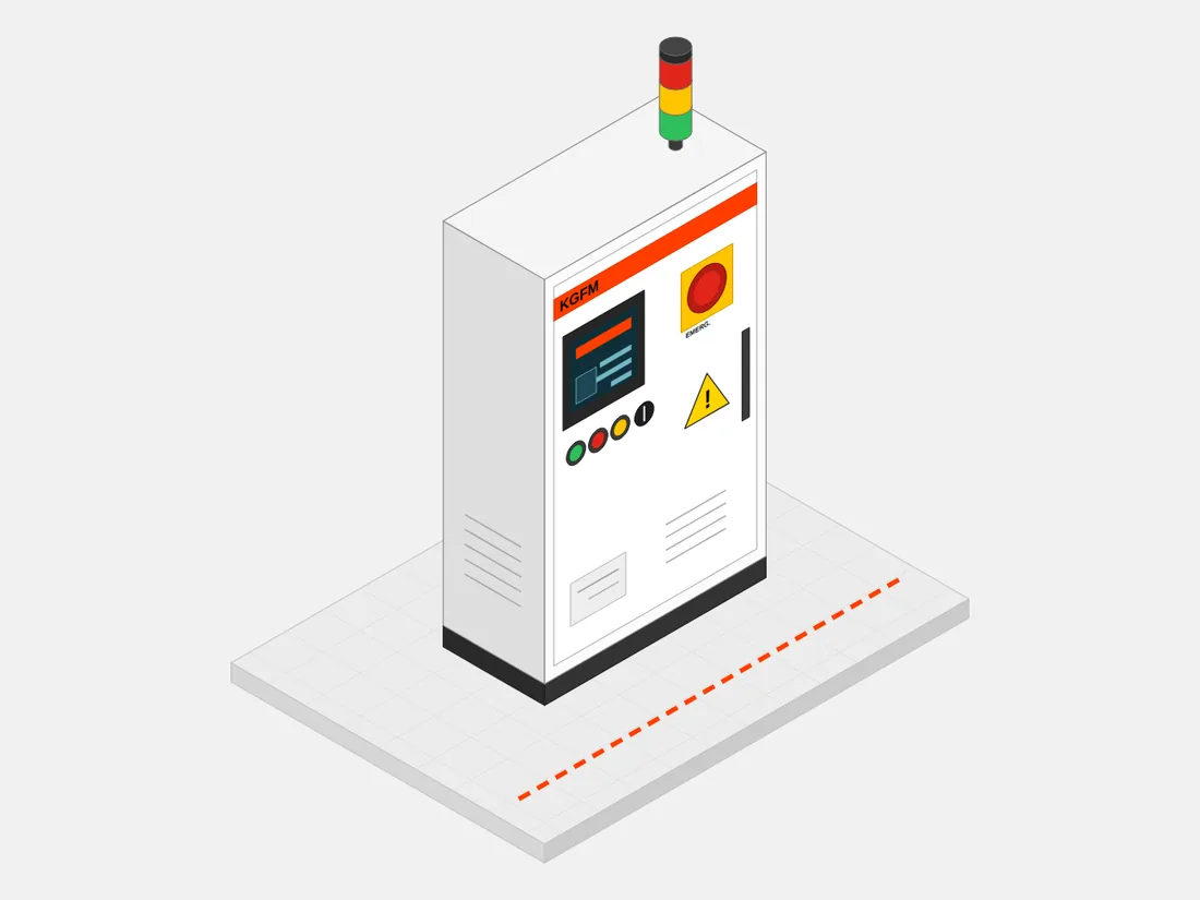 Ilustração 3D de um painel de automação com IHM, torre luminosa, botoeiras e botão de emergência