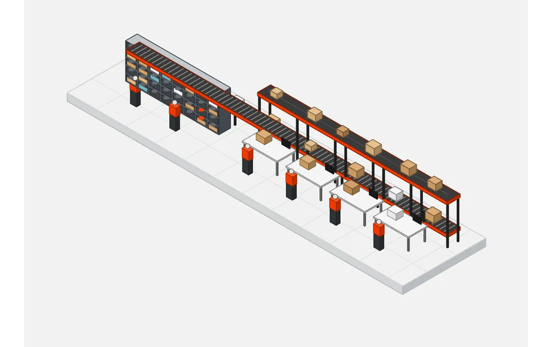 Ilustração 3D de uma linha de picking e put to wall com estações de embalagem