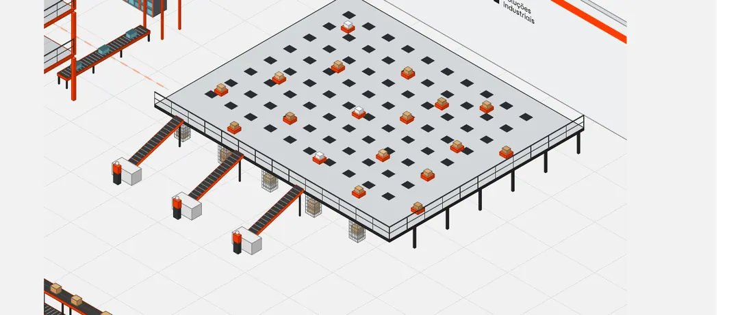 Ilustração de um sorter robótico sobre plataforma, com robôs levando volumes aos destinos